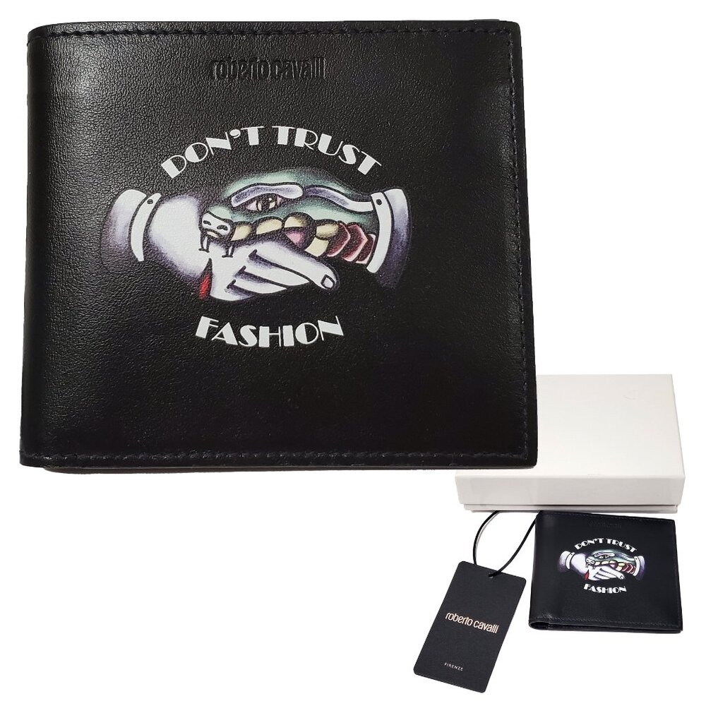 ROBERTO CAVALLI WALLET BLACK LEATHER BIFOLD DON'T TRUST FASHION